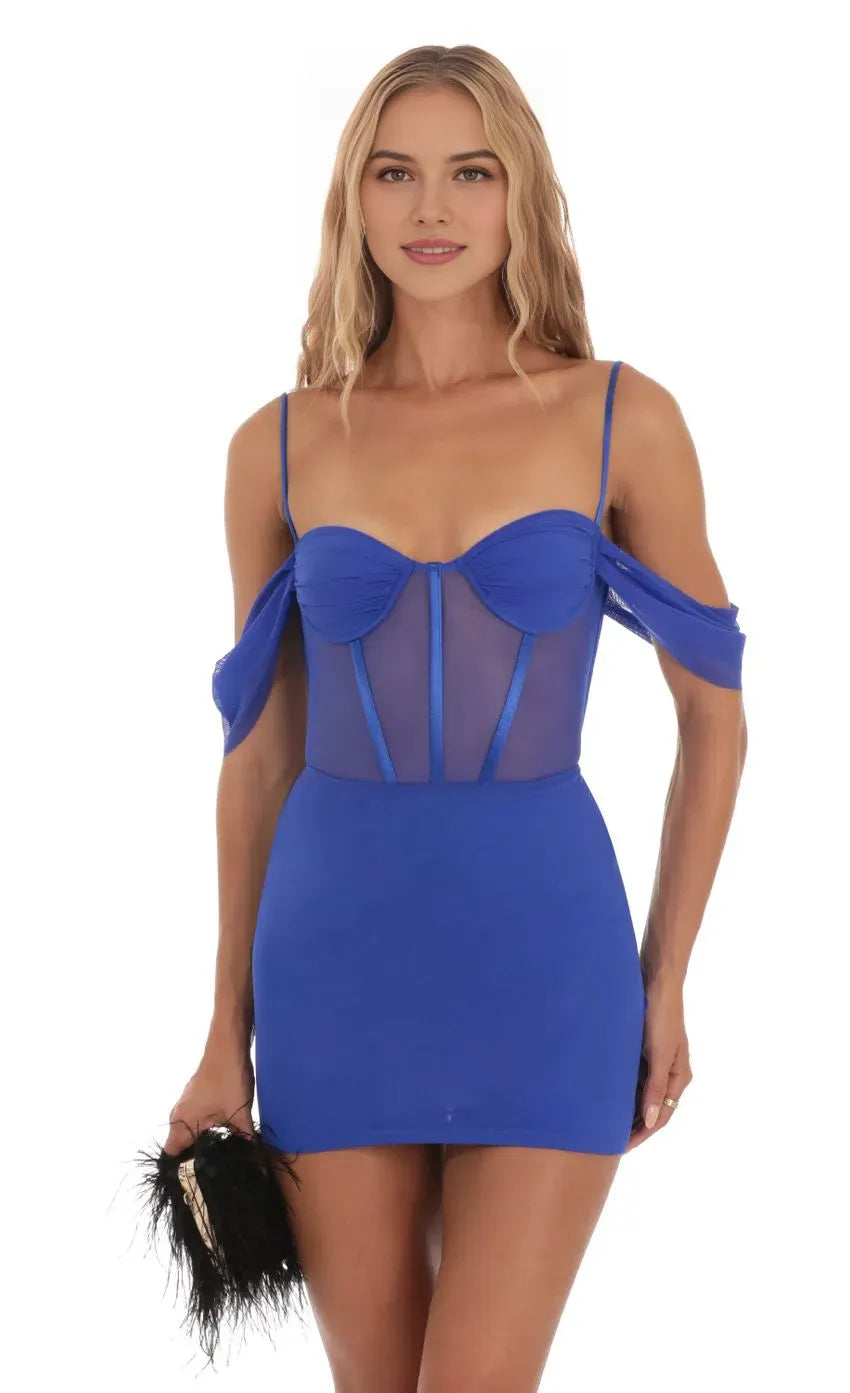 Royal Blue Mesh Panel Homecoming Dress with Spaghetti Straps Off  Shoulder Sleeves Bodycon Fit Perfect for School Dances