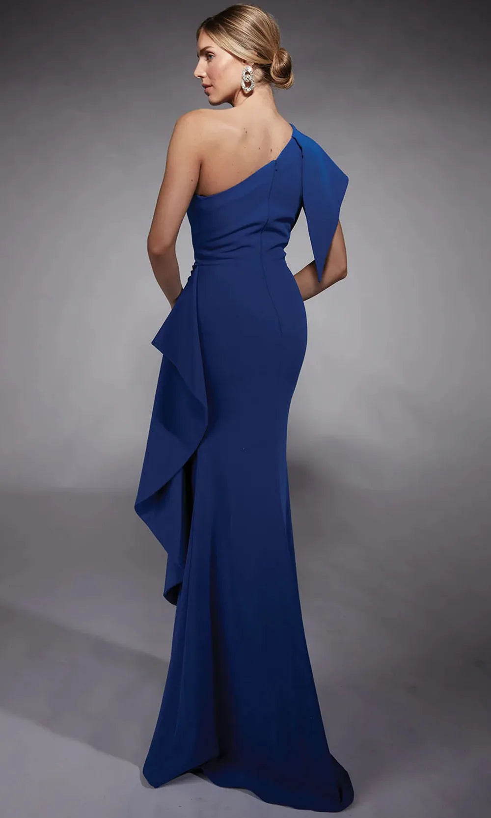 Royal Blue One - Shoulder Evening Dress with Asymmetric Ruffle Sleeve and Draped Side Detail for Glamorous Occasions