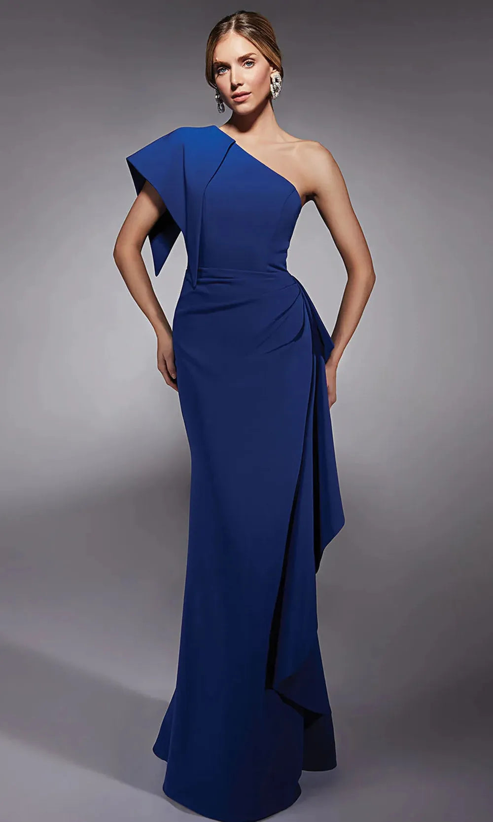 Royal Blue One - Shoulder Evening Dress with Asymmetric Ruffle Sleeve and Draped Side Detail for Glamorous Occasions