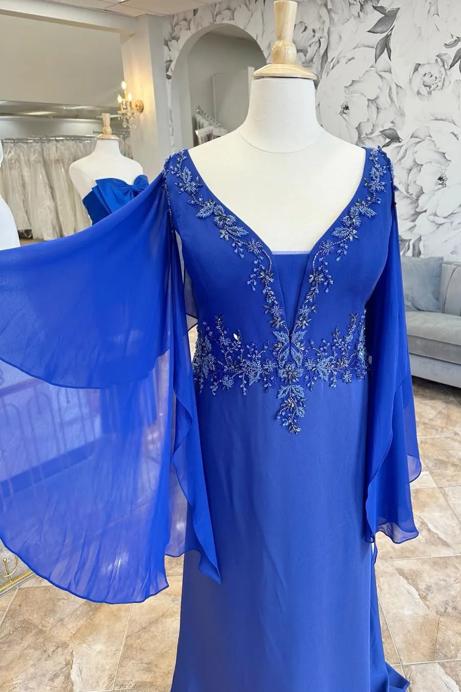 Royal Blue Pearl Embroidered Mother's Dress with Layered Sleeves