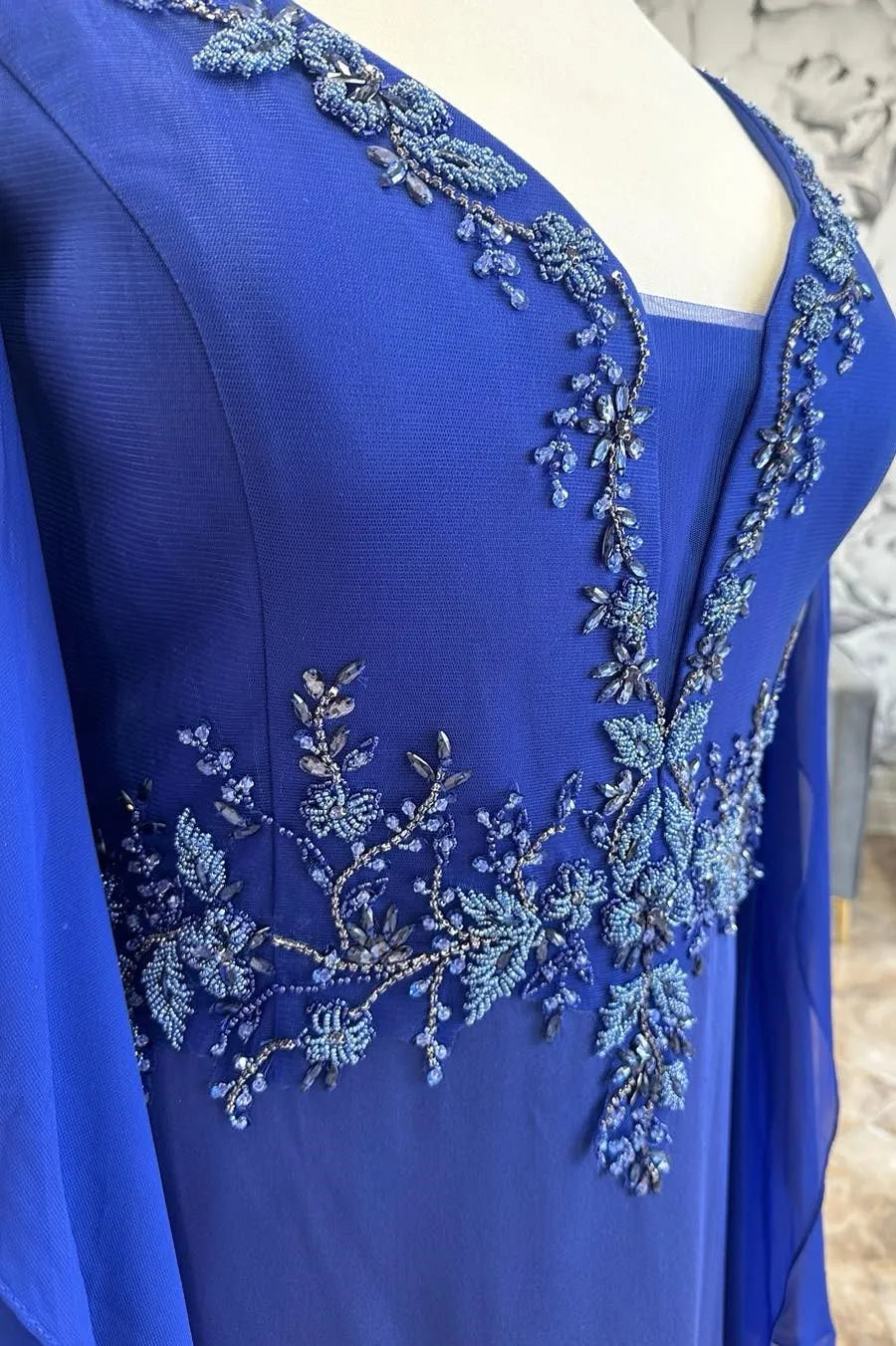Royal Blue Pearl Embroidered Mother's Dress with Layered Sleeves
