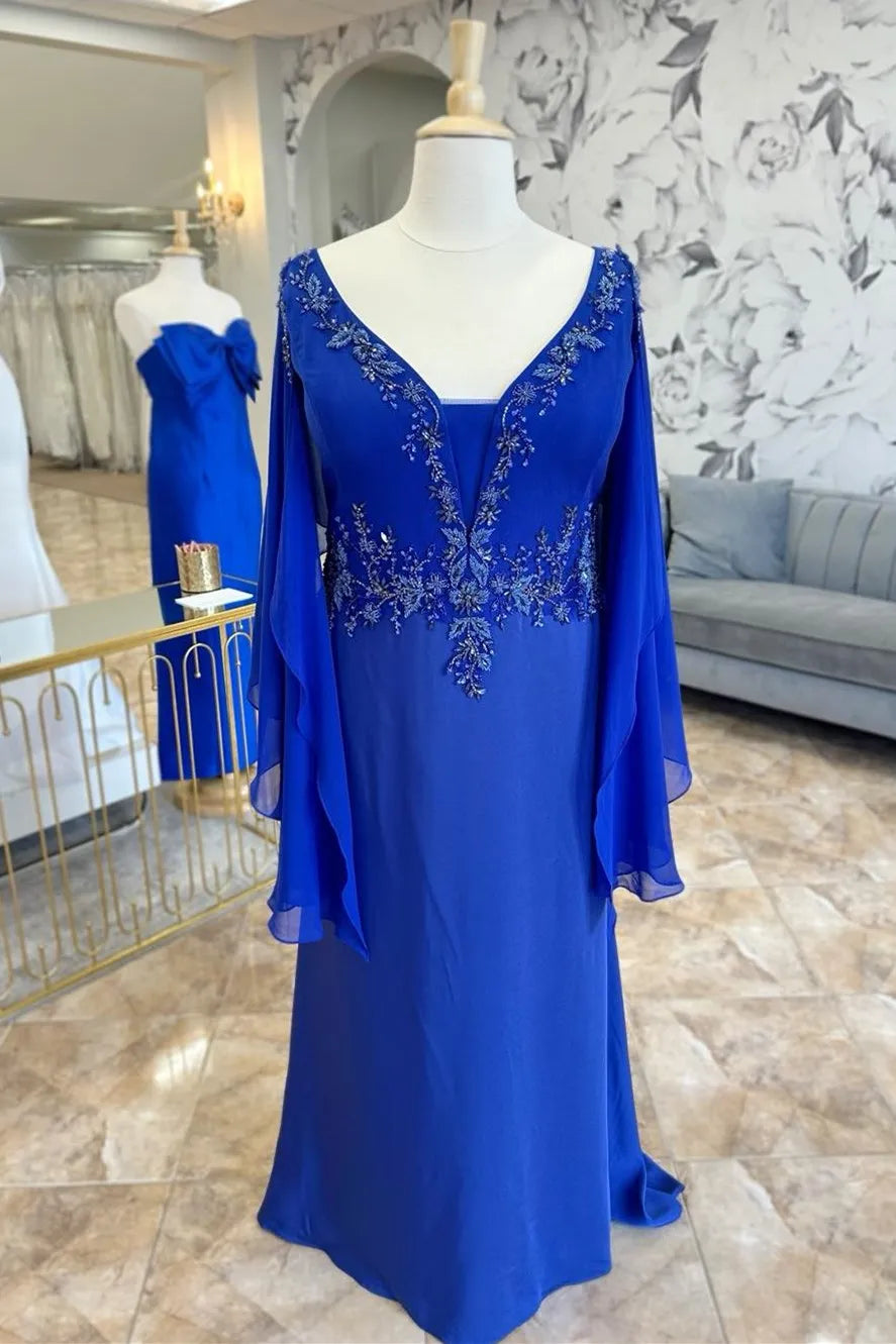 Royal Blue Pearl Embroidered Mother's Dress with Layered Sleeves