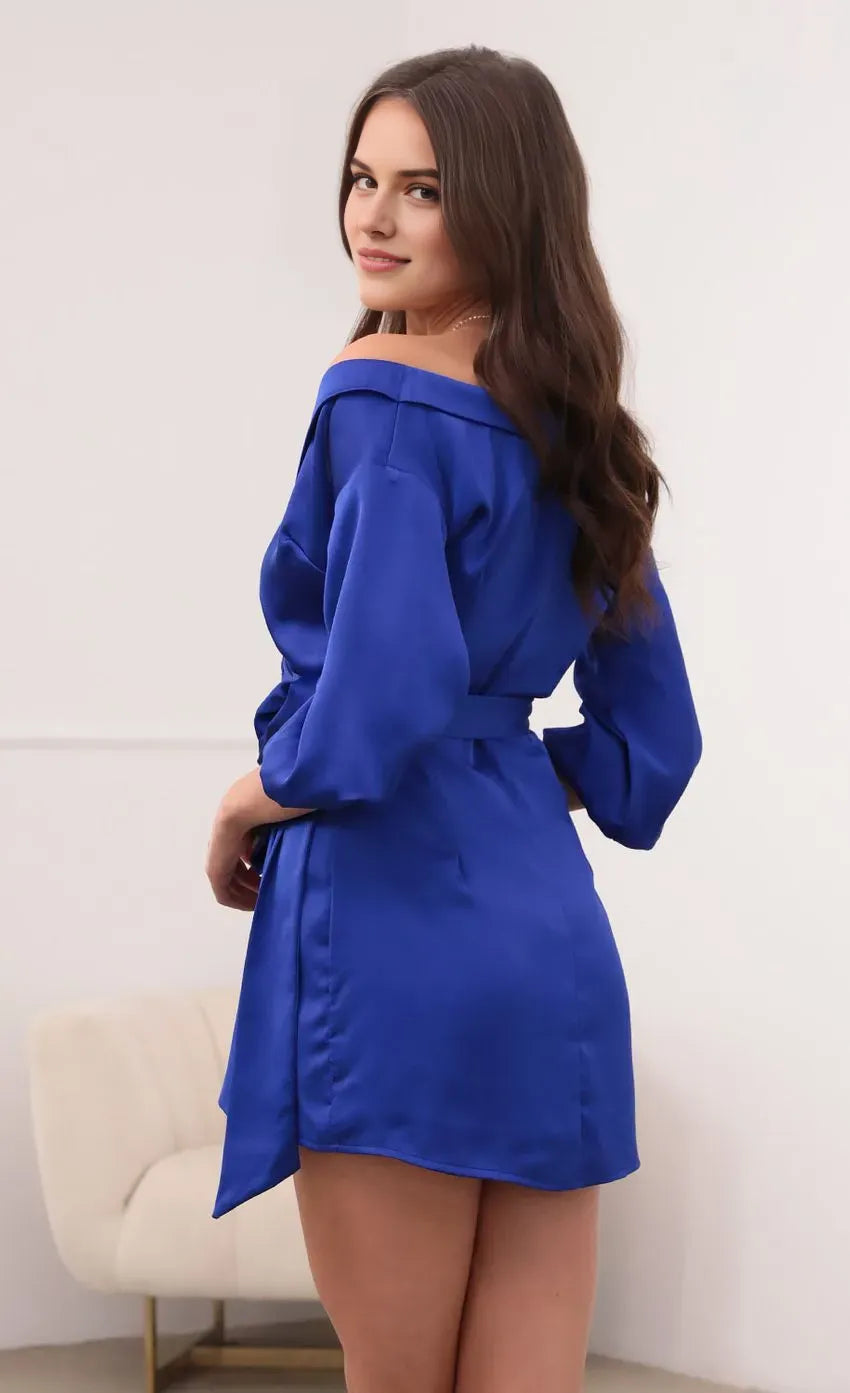 Royal Blue Satin Off Shoulder Homecoming Dress with Wrap Design Puff Sleeves Side Tie Perfect for School Dances