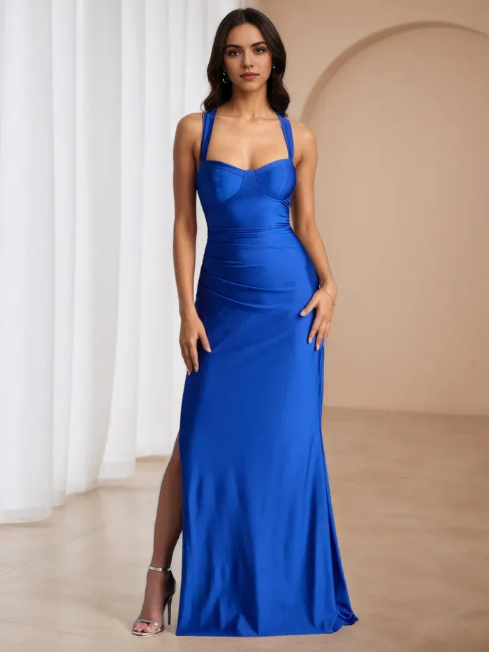 Royal Blue Satin Prom Dress Halter Neck  High Slit Bold Glam for Spotlight  Loving Dances