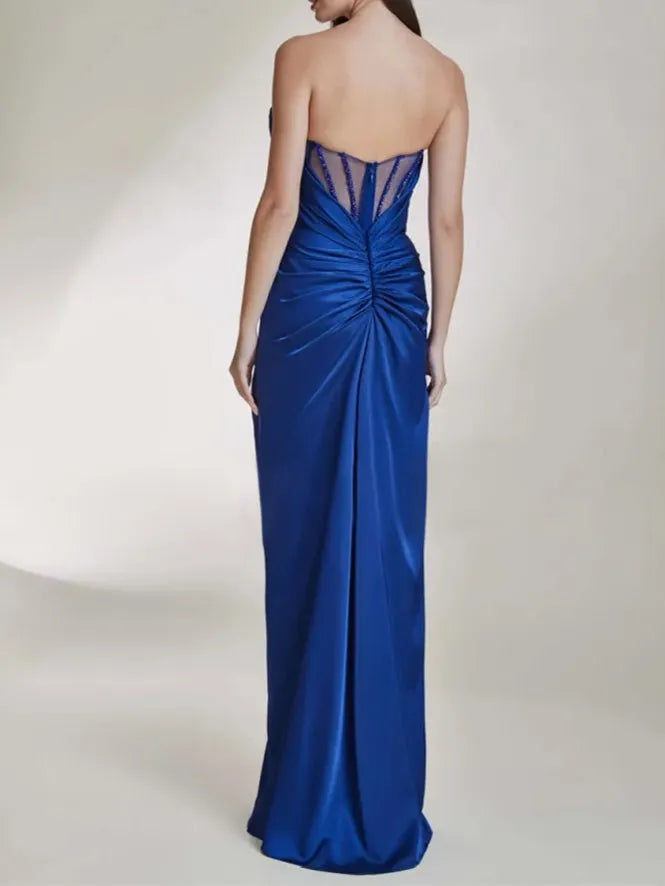 Royal Blue Satin Prom Dress Strapless Neckline Sheer Waist Panel High Side Slit