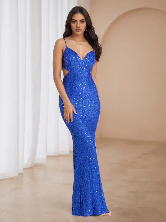 Royal Blue Sequin Prom Dress - Cut - Out Side Mermaid Gown