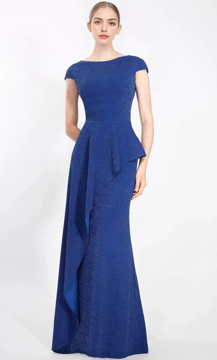 Royal Blue Shimmering Evening Gown with Cap Sleeves Peplum Waist and Asymmetric Ruffle Detail for Formal Occasions