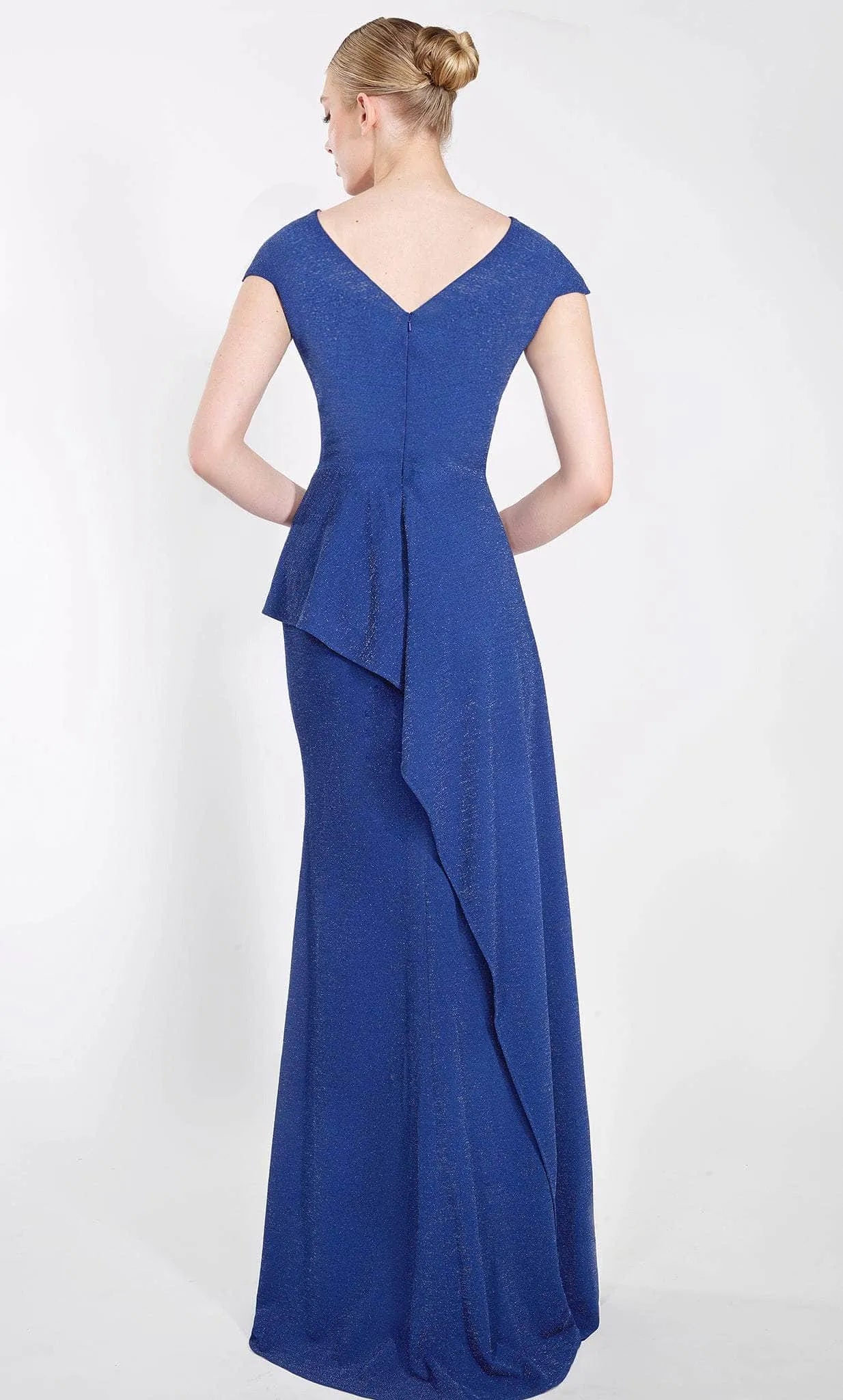 Royal Blue Shimmering Evening Gown with Cap Sleeves Peplum Waist and Asymmetric Ruffle Detail for Formal Occasions