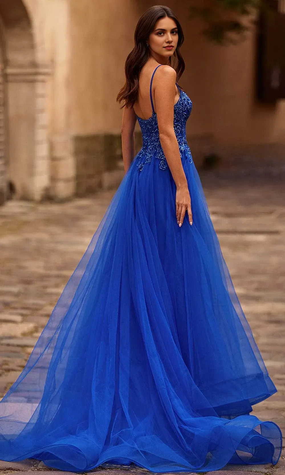 Royal Blue Tulle Prom Dress with Beaded Bodice  High Slit Timeless Grace for Formal Galas