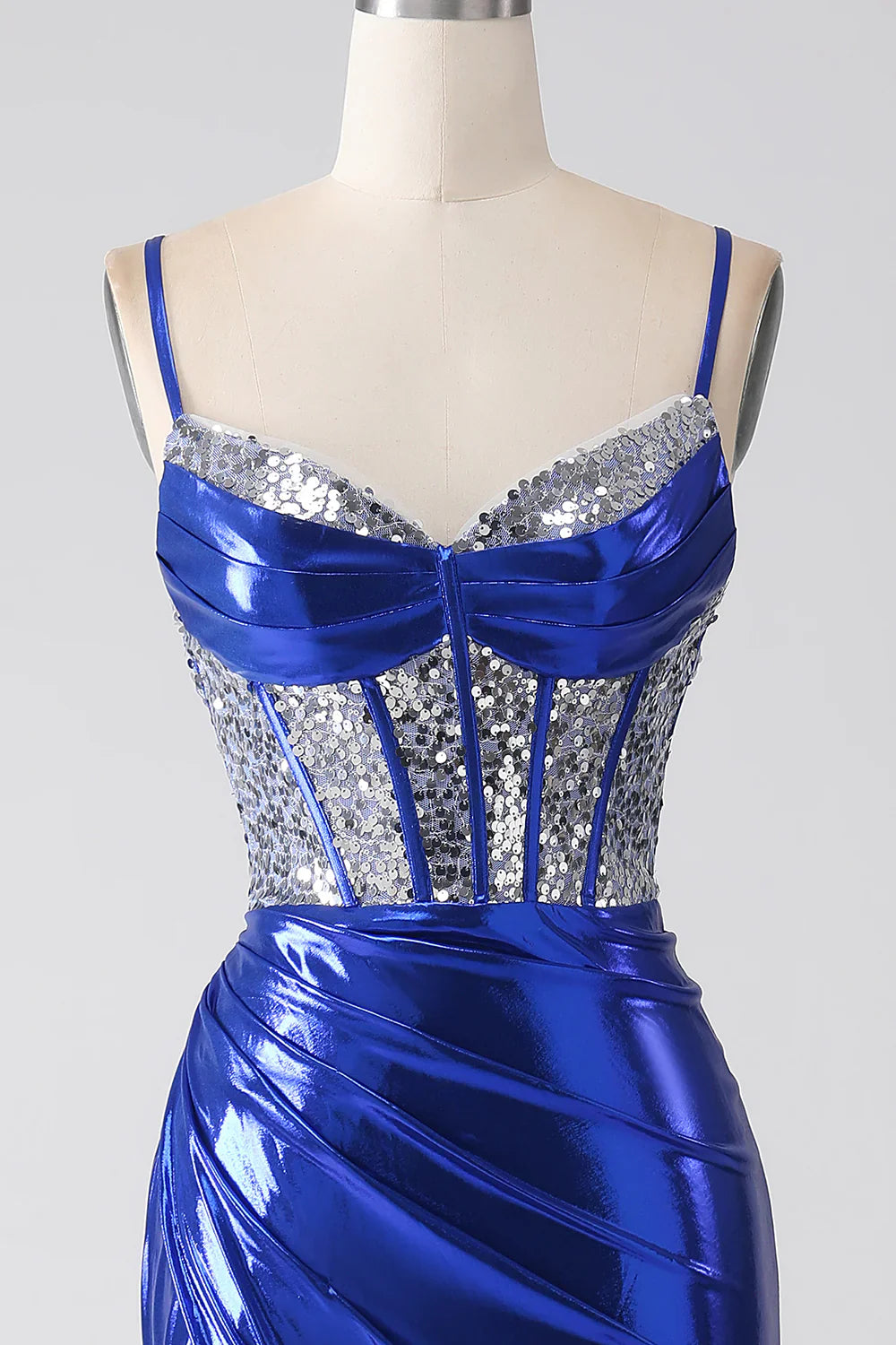 DingJiDress Royal Blue Mermaid Sparkly Sequin Pleated Corset Prom Dress With Slit