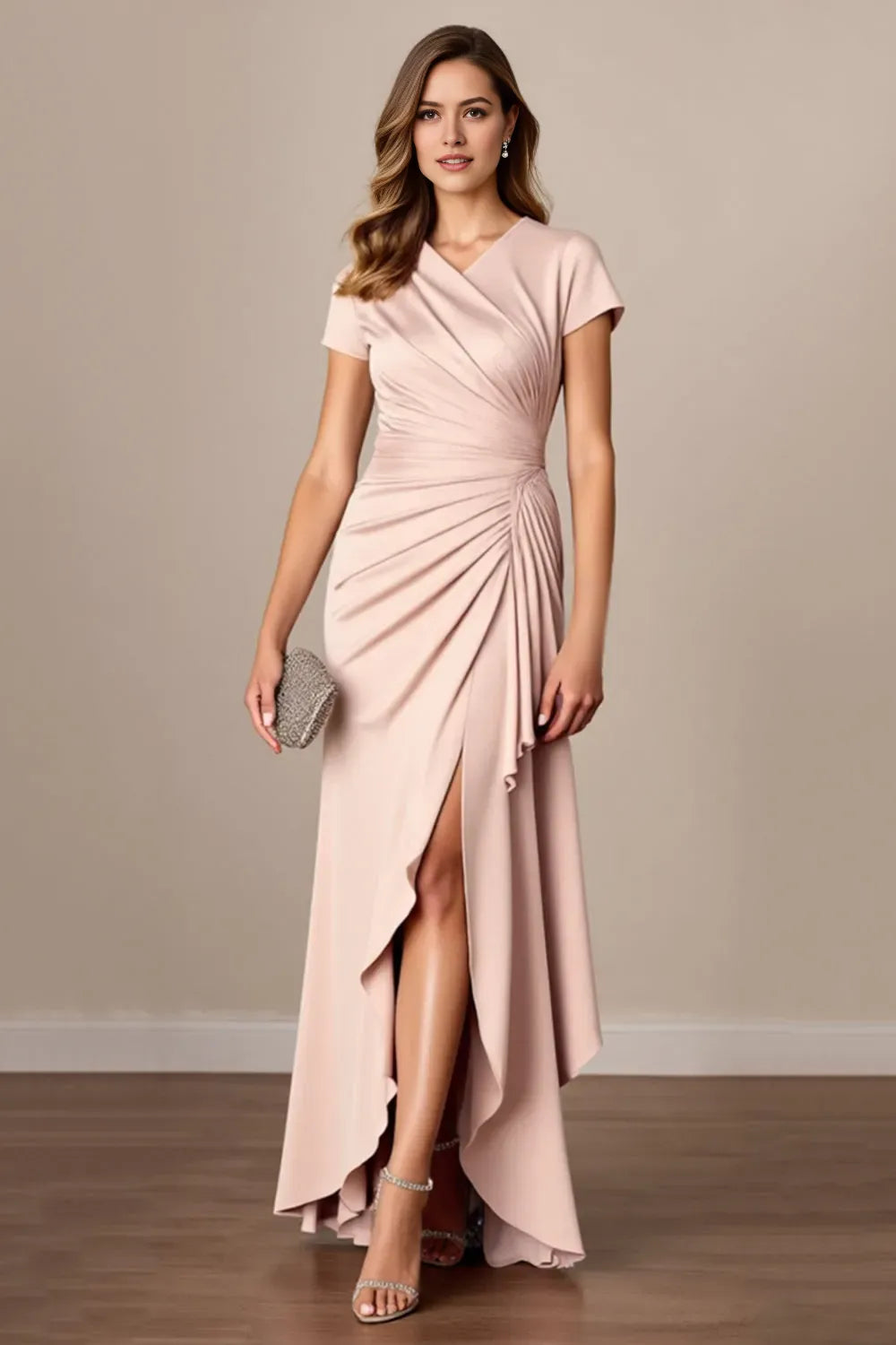 Ruched Satin Sheath Apricot Mother of the Bride Dress with Slit