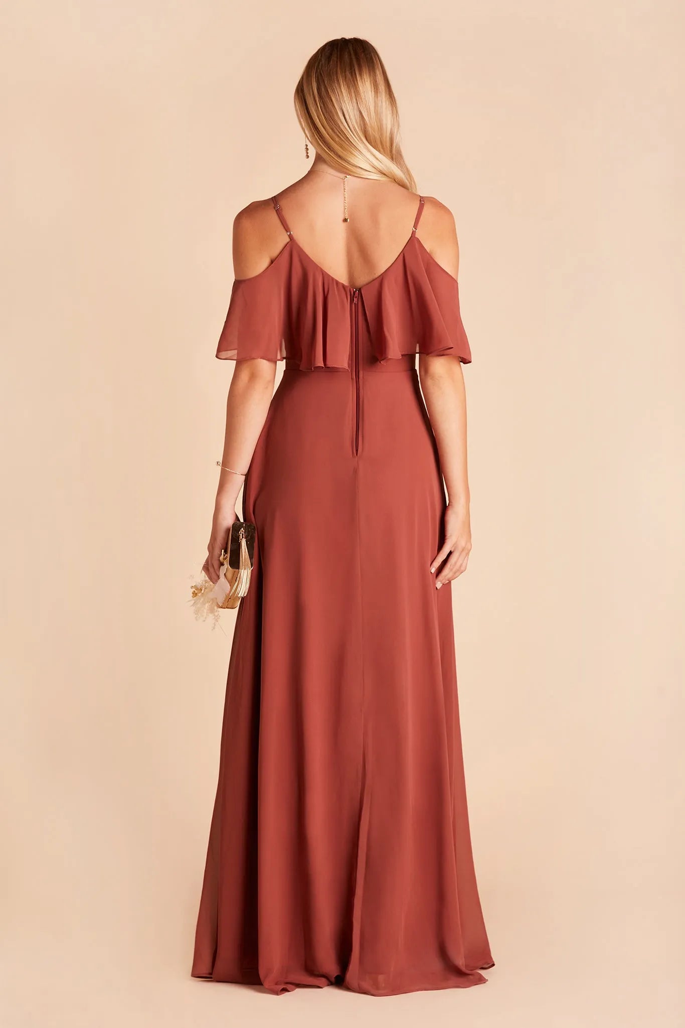 Rust Chiffon Cold Shoulder Prom Dress with Ruffled Bodice Side Slit French Riviera Inspired Gown for Effortless Formal Elegance