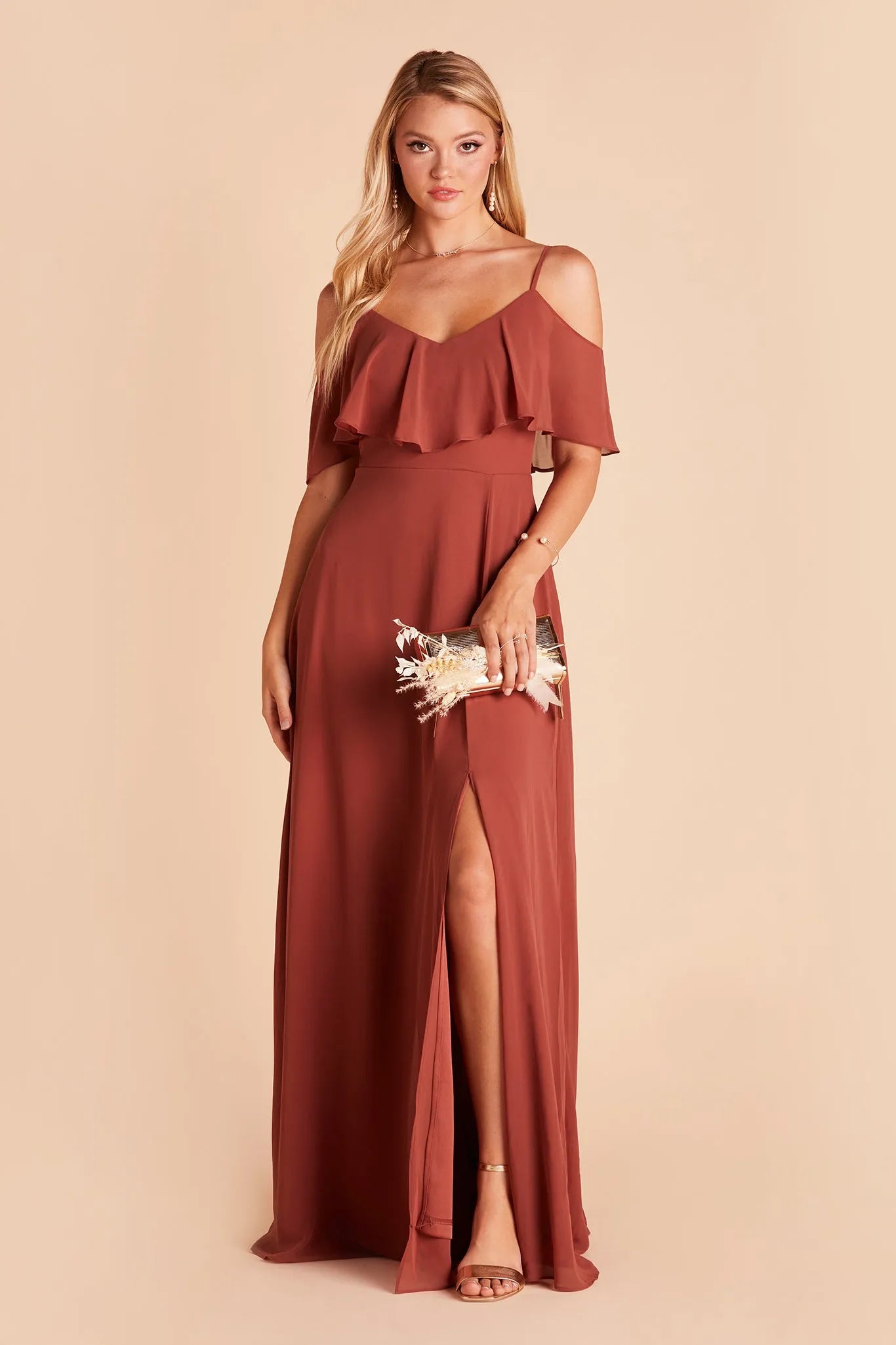 Rust Chiffon Cold Shoulder Prom Dress with Ruffled Bodice Side Slit French Riviera Inspired Gown for Effortless Formal Elegance