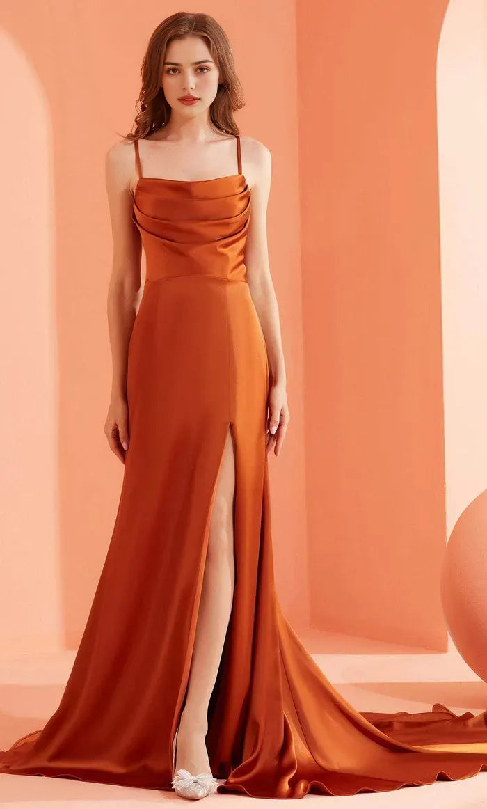 Rust Orange Satin Evening Dress with Cowl Neckline Spaghetti Straps High Thigh Slit and Train for Glamorous