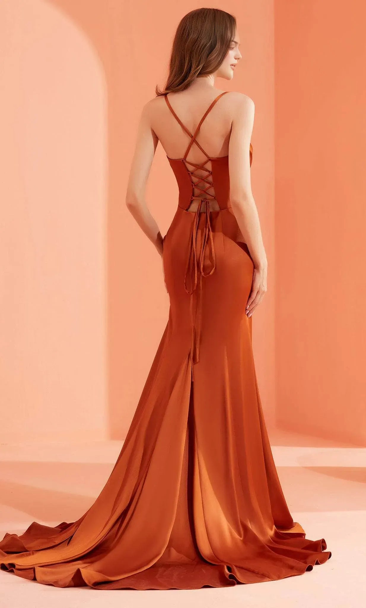 Rust Orange Satin Evening Dress with Cowl Neckline Spaghetti Straps High Thigh Slit and Train for Glamorous