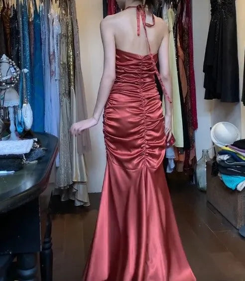 Rust Red Vintage Halter Mermaid Satin Long Backless Prom Dress Sleeveless Party Dress