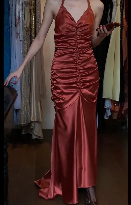 Rust Red Vintage Halter Mermaid Satin Long Backless Prom Dress Sleeveless Party Dress