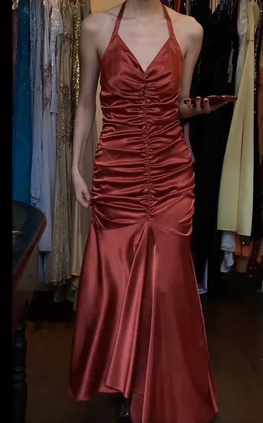 Rust Red Vintage Halter Mermaid Satin Long Backless Prom Dress Sleeveless Party Dress