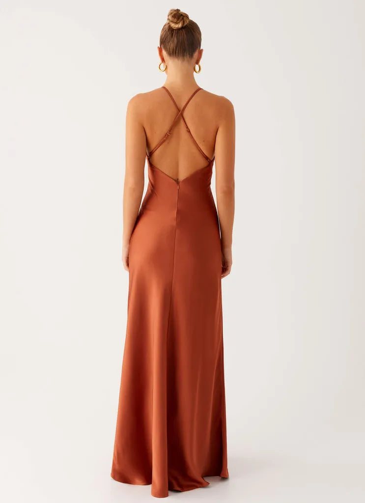 Rust Satin Prom Dress with Plunging V - Neck Halter Straps Keyhole Detail  Floor - Length Silhouette  Perfect for Formal Galas