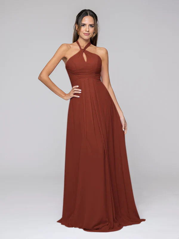 DingJiDress Tie-neck Halter Sleeveless Wedding Bridesmaid Dresses With Ruched Waist Bridesmaid Dresses