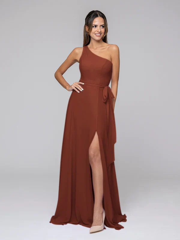DingJiDress One Shoulder Slit Chiffon Bridesmaid Dresses With Sash Bridesmaid Dresses