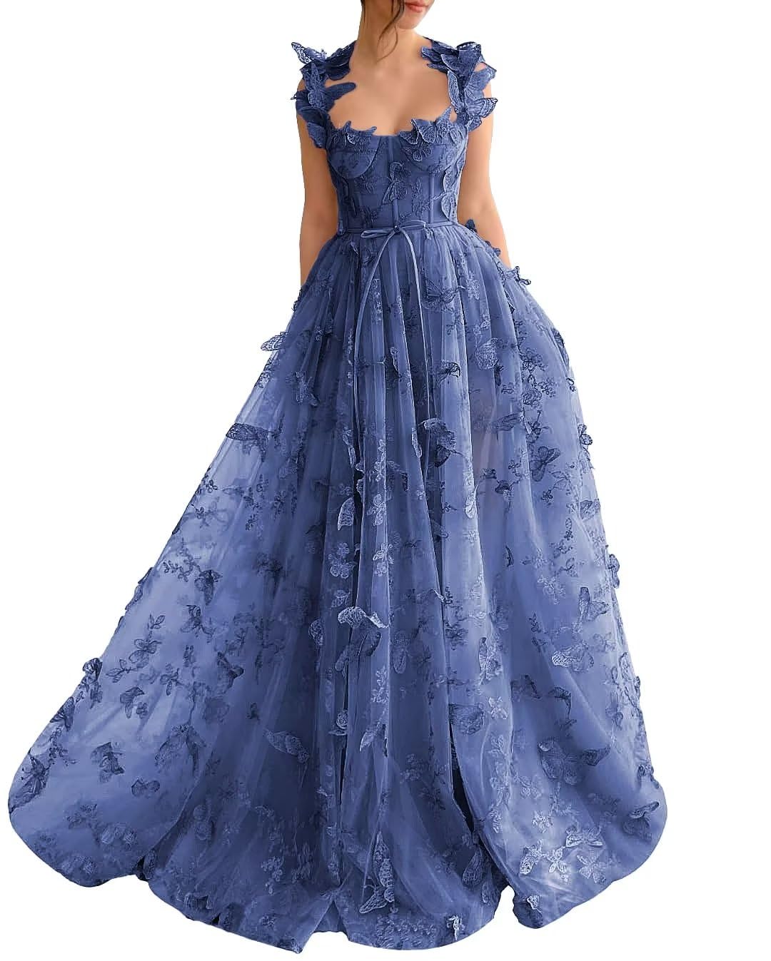 Long Tulle Prom Dress with 3D Butterflies Dress Ball Gown Evening Party Wedding Formal Dress Slit