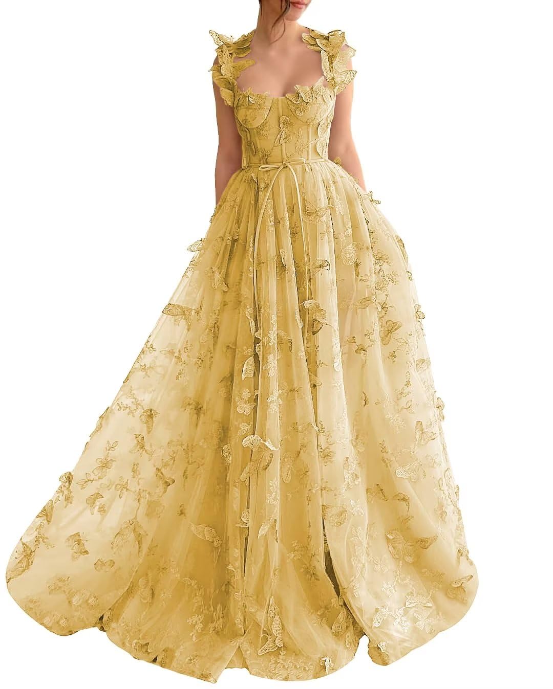 Long Tulle Prom Dress with 3D Butterflies Dress Ball Gown Evening Party Wedding Formal Dress Slit