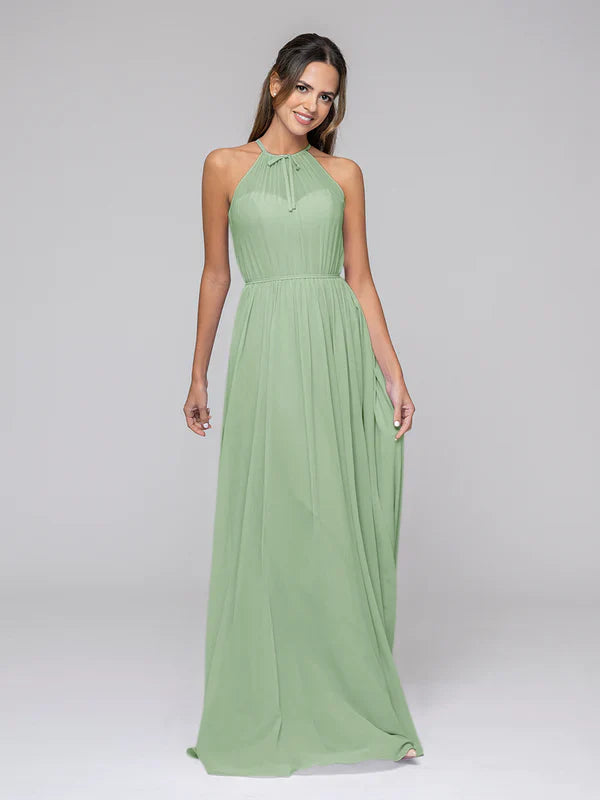 DingJiDress Long Chiffon Halter Bridal Party Dresses With Pleated Bodice Bridesmaid Dresses