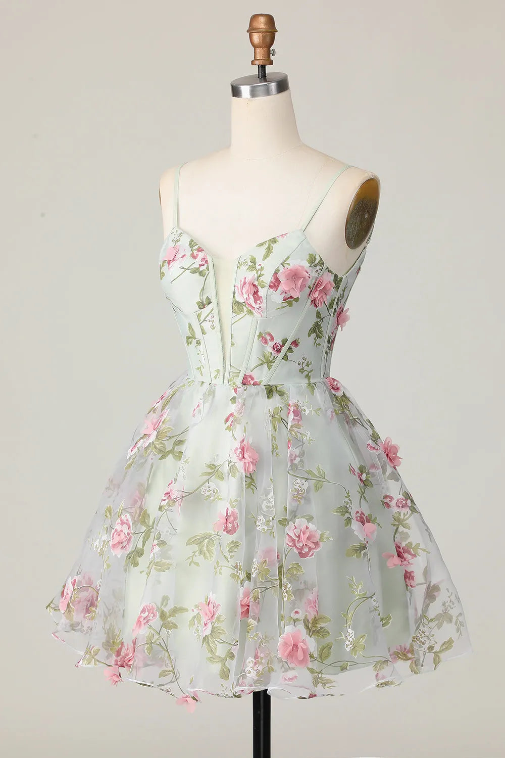 Sage Flower Corset Spaghetti Straps Short Homecoming Dress