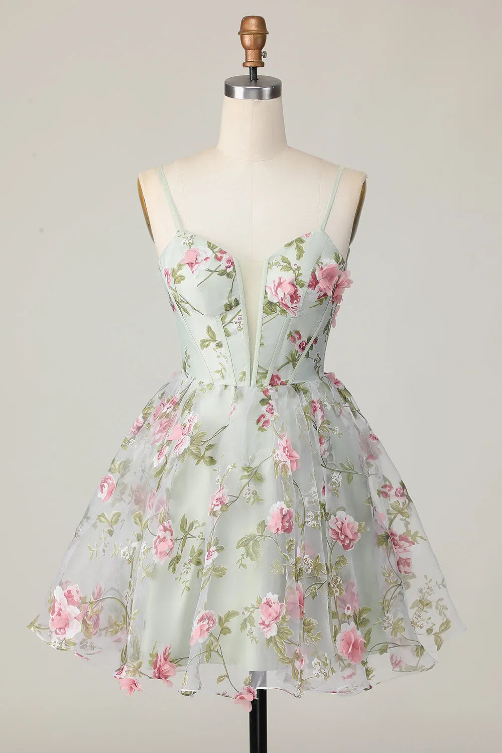 Sage Flower Corset Spaghetti Straps Short Homecoming Dress