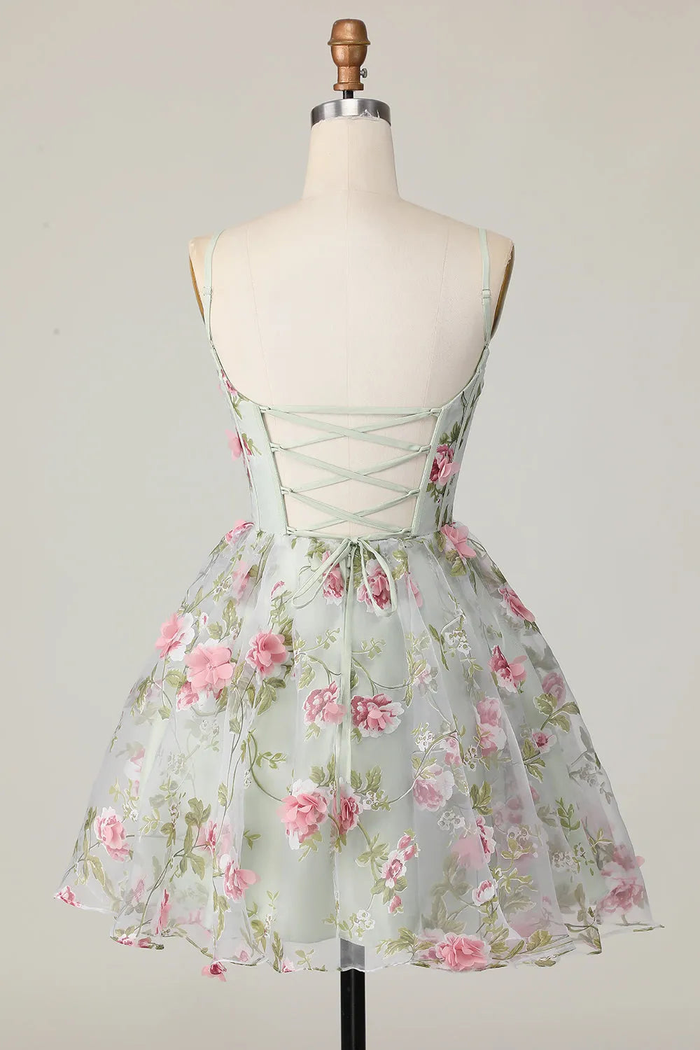 Sage Flower Corset Spaghetti Straps Short Homecoming Dress