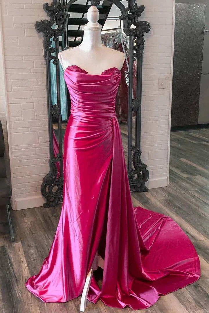 DingJiDress Prom Dresses with Attached Train Mermaid Sweetheart Satin Split