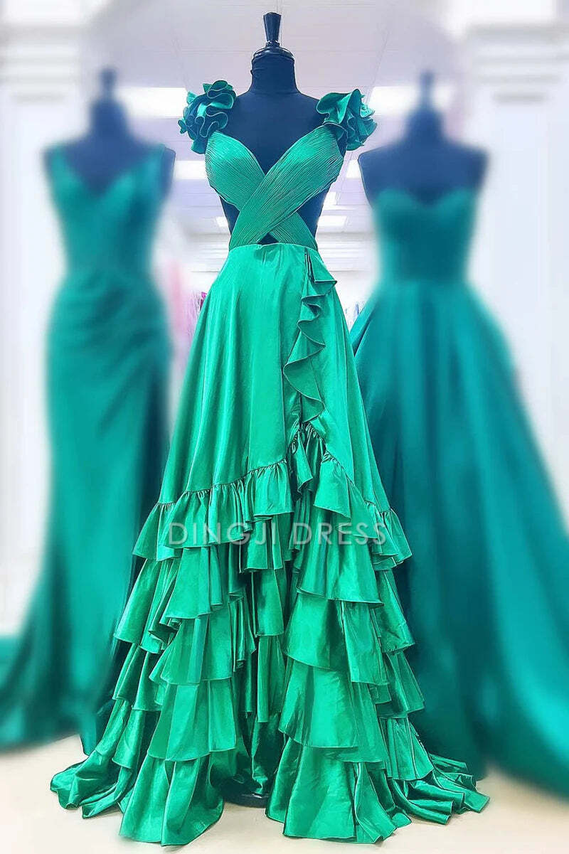 DingJiDress Formal Dress Sexy A-Line V-Neck Sleeveless Ruched Tiered Backless With Side Slit Charming Prom Dress