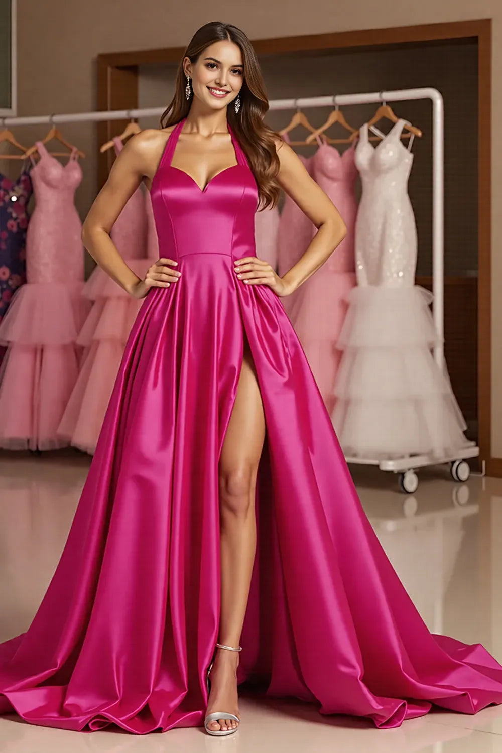 Satin A Line Halter Long Prom Dress with Slit