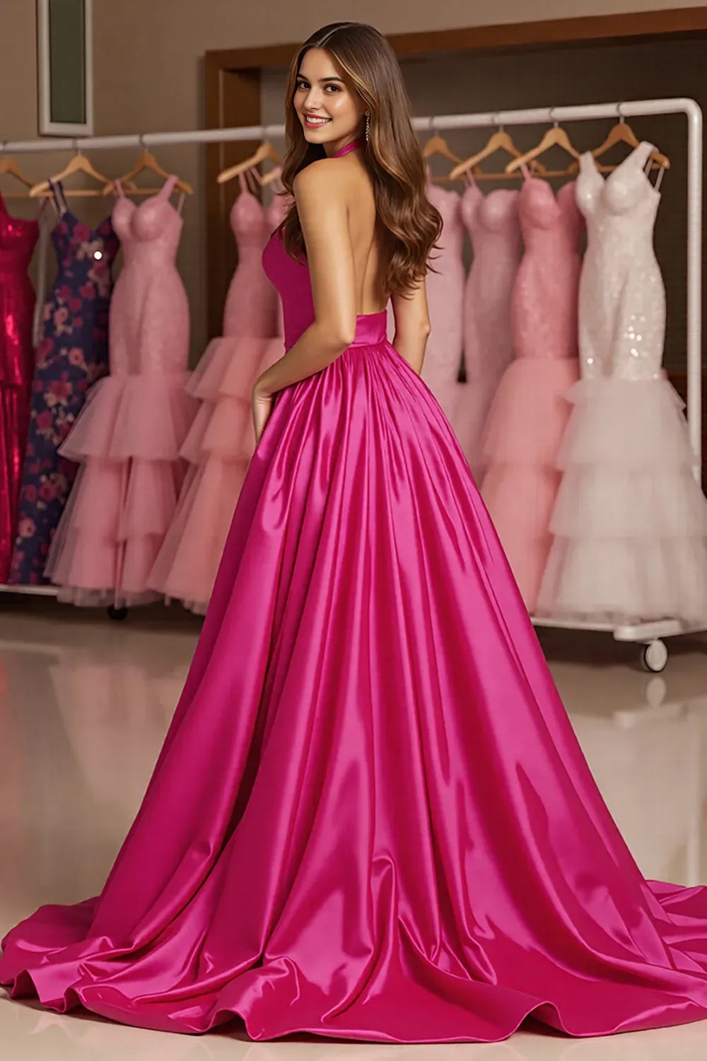 Satin A Line Halter Long Prom Dress with Slit