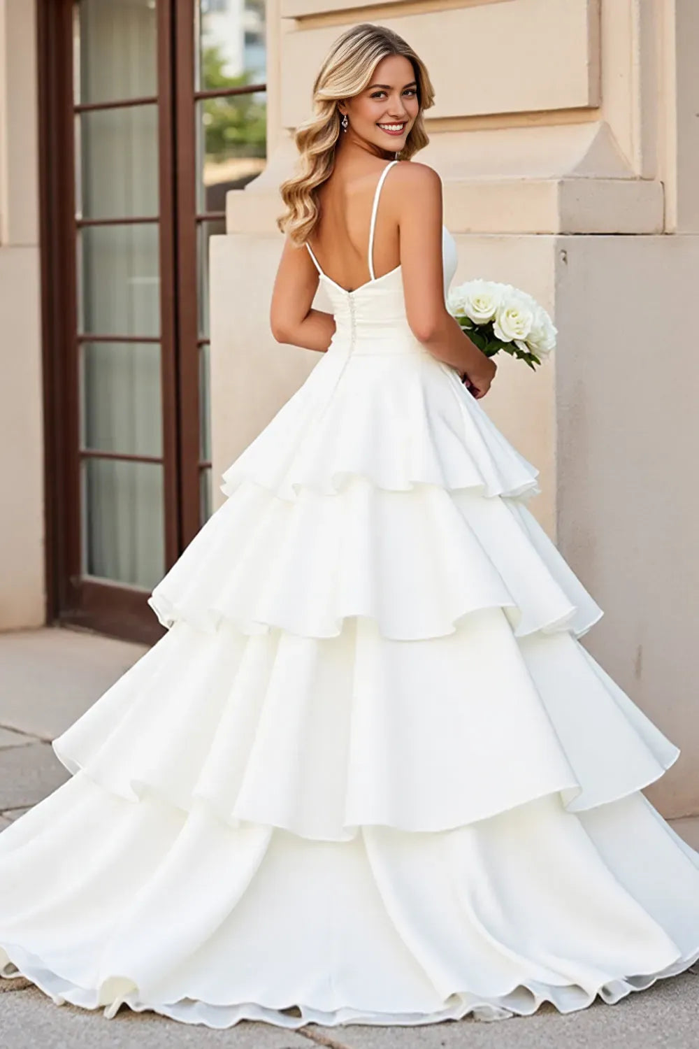 Satin A Line Sweep Train Tiered Wedding Dress with Ruffles