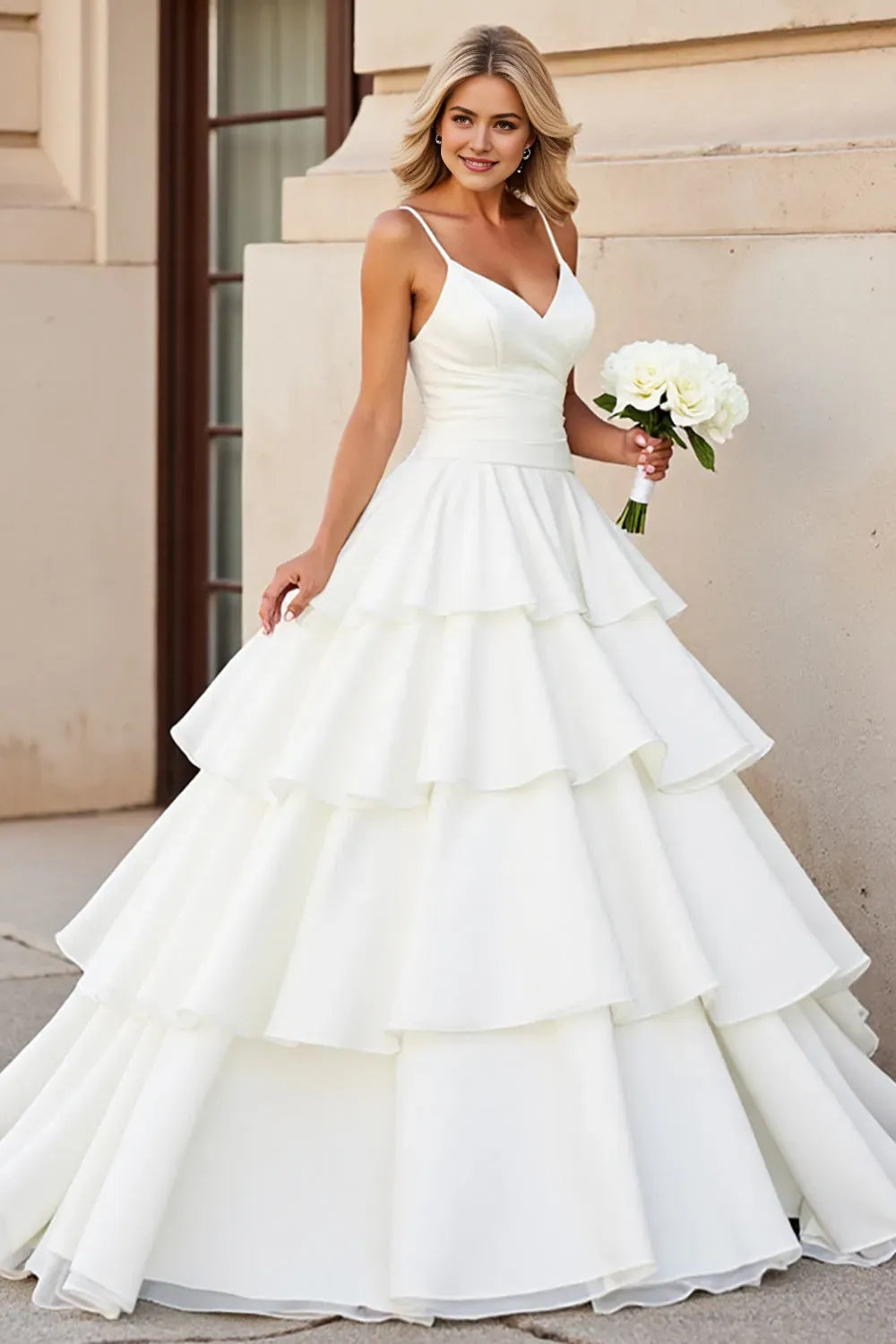 Satin A Line Sweep Train Tiered Wedding Dress with Ruffles
