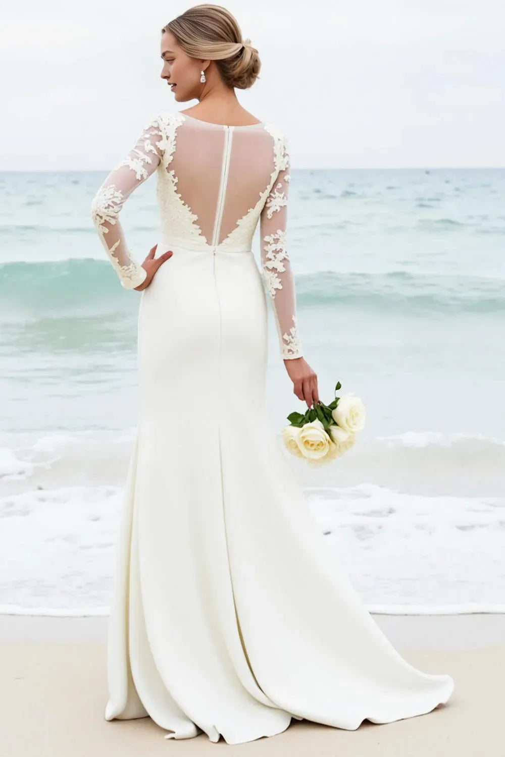 Satin Boat Neck Sweep Train Long Wedding Dress with Lace ﻿
