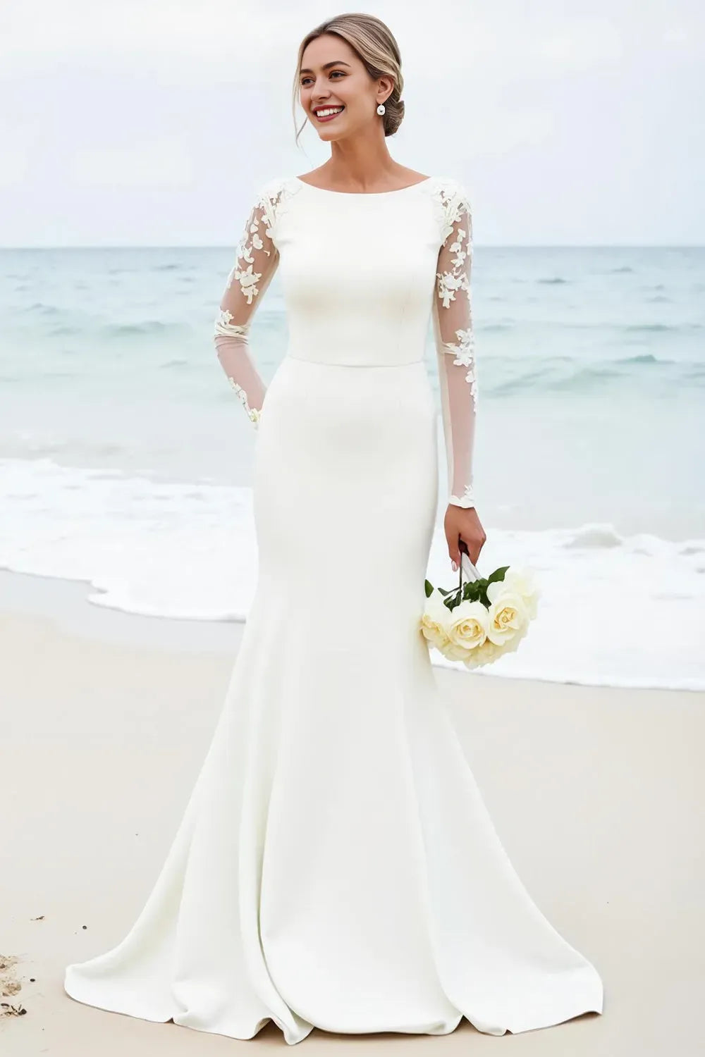 Satin Boat Neck Sweep Train Long Wedding Dress with Lace ﻿