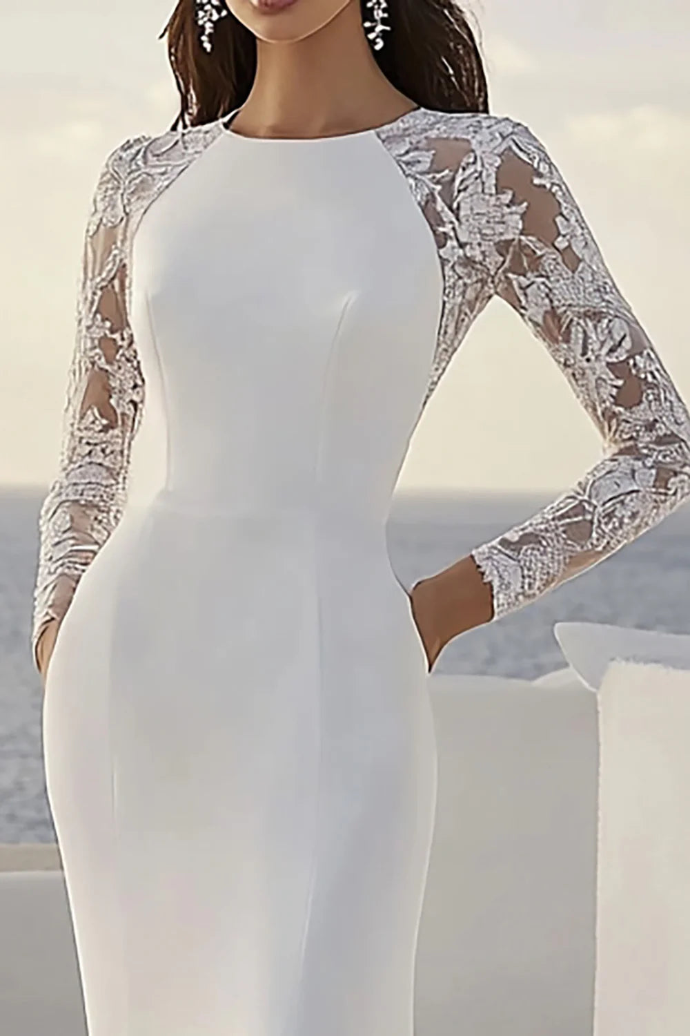 Satin Boat Neck Sweep Train Wedding Dress with Lace