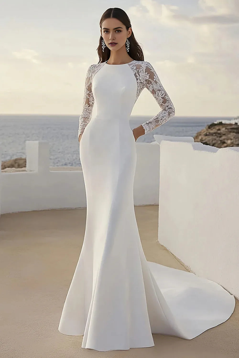 Satin Boat Neck Sweep Train Wedding Dress with Lace