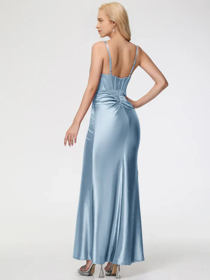Satin Dusty Blue Prom Dresses Square Neckline Spaghetti Straps Sleeveless Trumpet/Mermaid Stretch Prom Dresses
