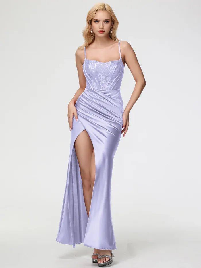 Satin Dusty Blue Prom Dresses Square Neckline Spaghetti Straps Sleeveless Trumpet/Mermaid Stretch Prom Dresses