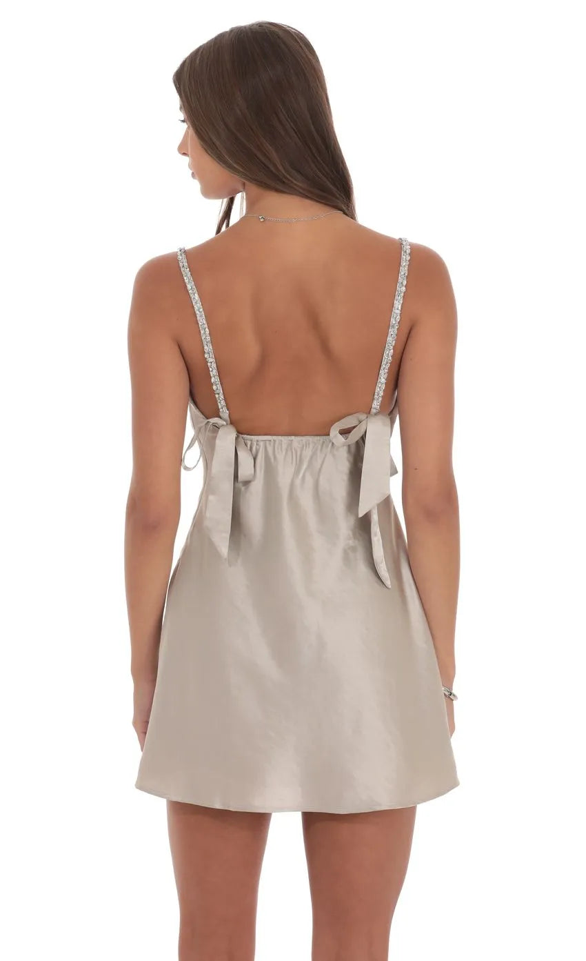 Satin Homecoming Dress with Rhinestone Straps Elegant Cowl Neck Mini Gown for School Dance