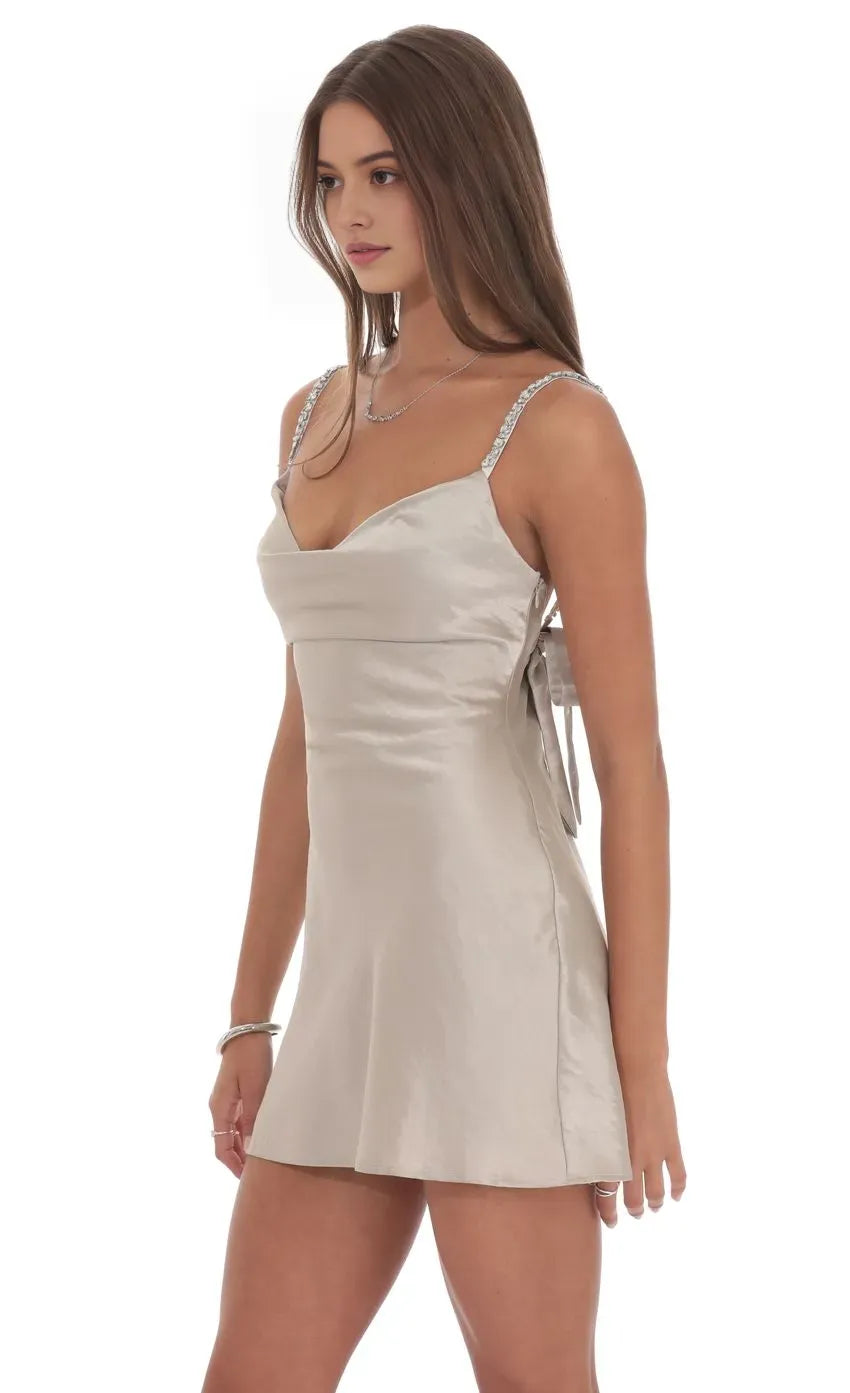 Satin Homecoming Dress with Rhinestone Straps Elegant Cowl Neck Mini Gown for School Dance