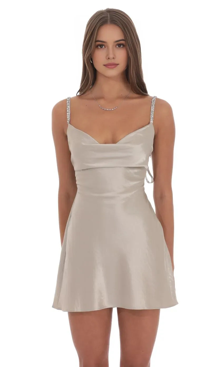 Satin Homecoming Dress with Rhinestone Straps Elegant Cowl Neck Mini Gown for School Dance