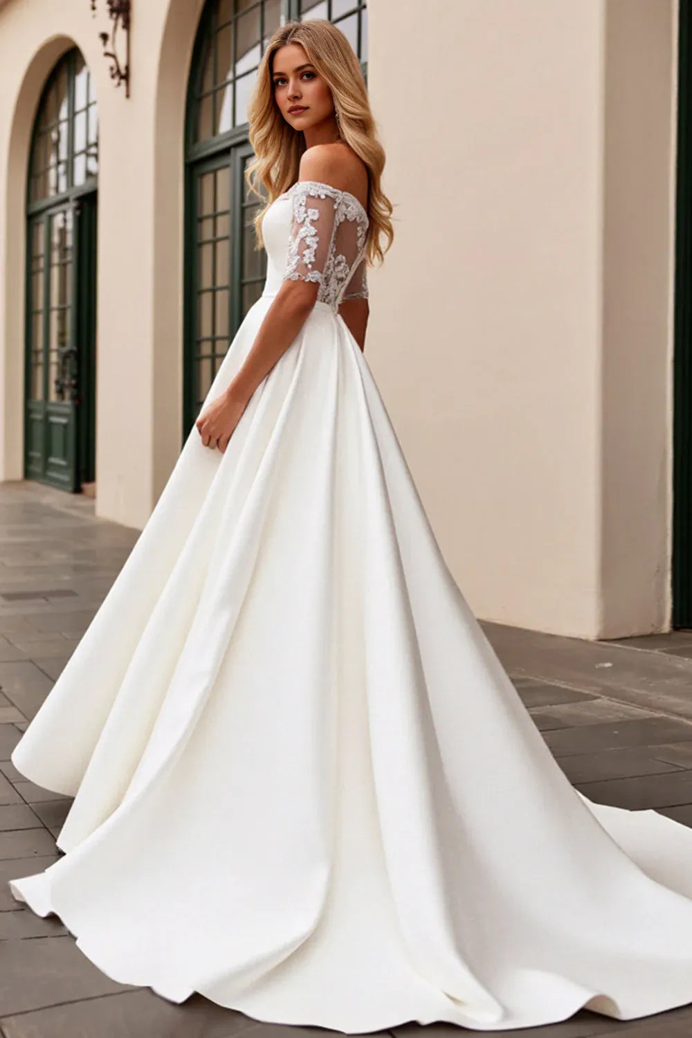 Satin Illusion Neck A Line Wedding Dress with Lace