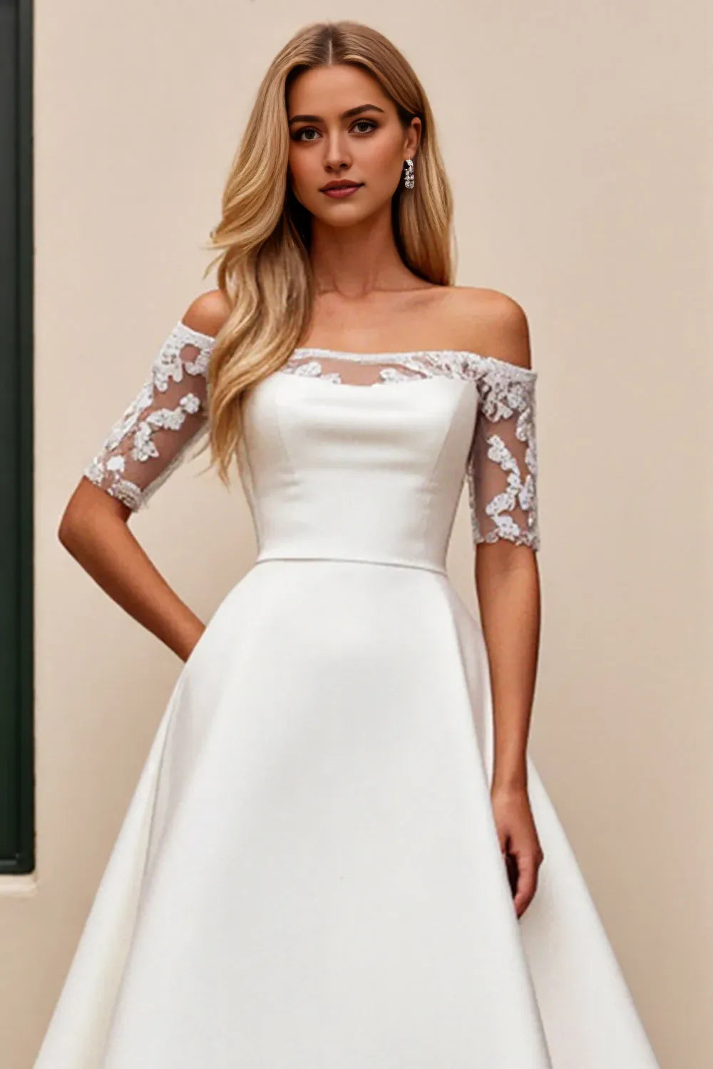 Satin Illusion Neck A Line Wedding Dress with Lace