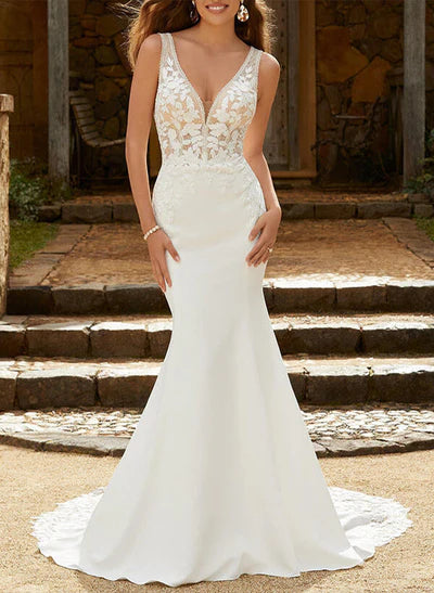Satin Lace Mermaid Fitted V Neck Wedding Dresses Appliques Lace Sweep Train