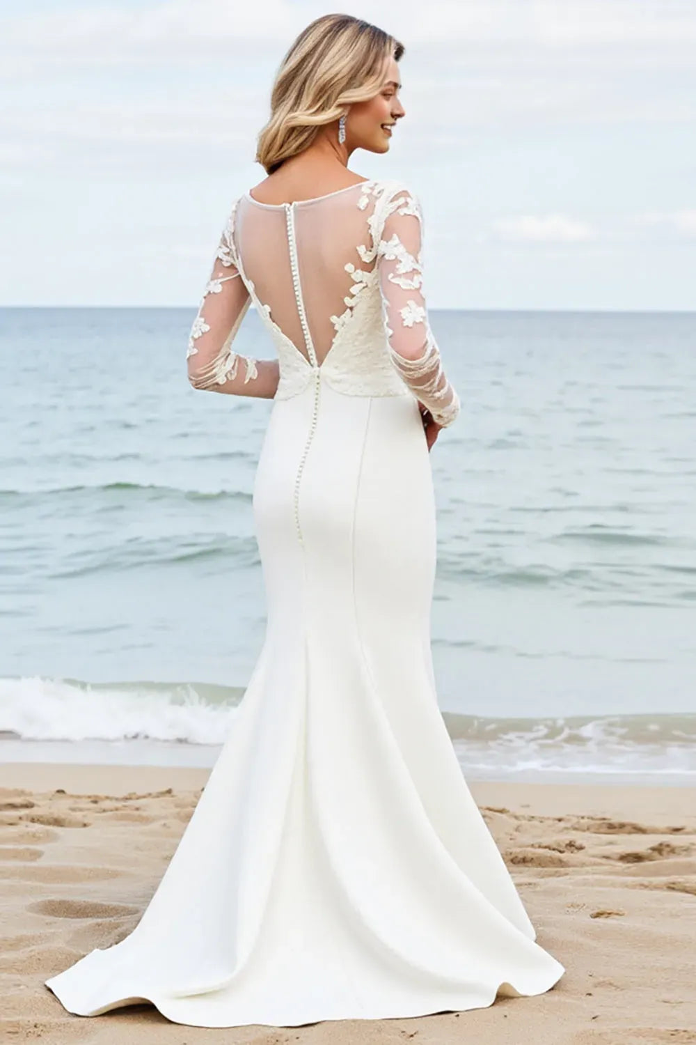 Satin Mermaid Illusion Neck Long Wedding Dress with Lace